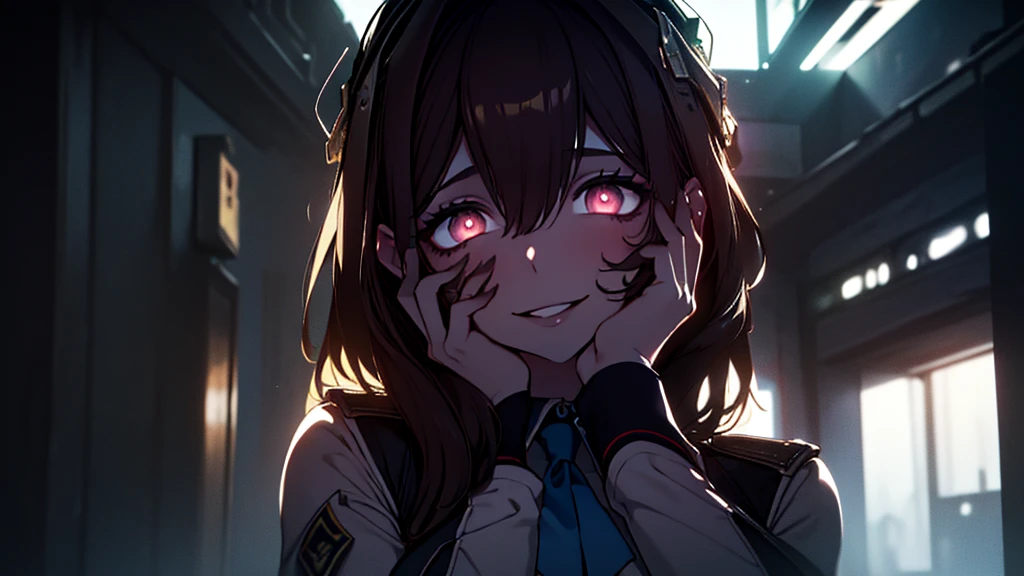 ((Best quality)), ((masterpiece)), (detailed:1.4), 3D, an image of a beautiful cyberpunk female, Yandere , Yandere Face , Trance , Trance Eyes , yameroyandere , constricted pupils , yandere , empty eyes . shaded face , crazy eyes , glowing brown eyes , crazy smile , Marian , tied hair, long brown hair , White Military Uniform , Brown Eyes, Blue Barret, Blue Necktie ,Blue Ribbon , White undercloth, large breasts, HDR (High Dynamic Range),Ray Tracing,NVIDIA RTX,Super-Resolution,Unreal 5,Subsurface scattering,PBR Texturing,Post-processing,Anisotropic Filtering,Depth-of-field,Maximum clarity and sharpness,Multi-layered textures,Albedo and Specular maps,Surface shading,Accurate simulation of light-material interaction,Perfect proportions,Octane Render,Two-tone lighting,Wide aperture,Low ISO,White balance,Rule of thirds,8K RAW,