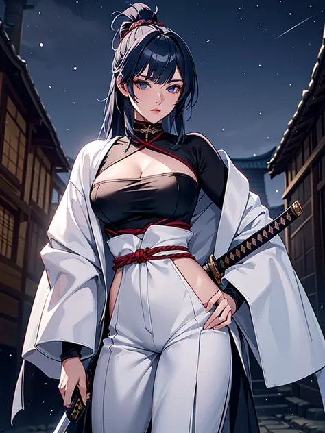 a female samurai, beautiful detailed eyes, beautiful detailed lips, extremely detailed face, long eyelashes, (katana swords behi...