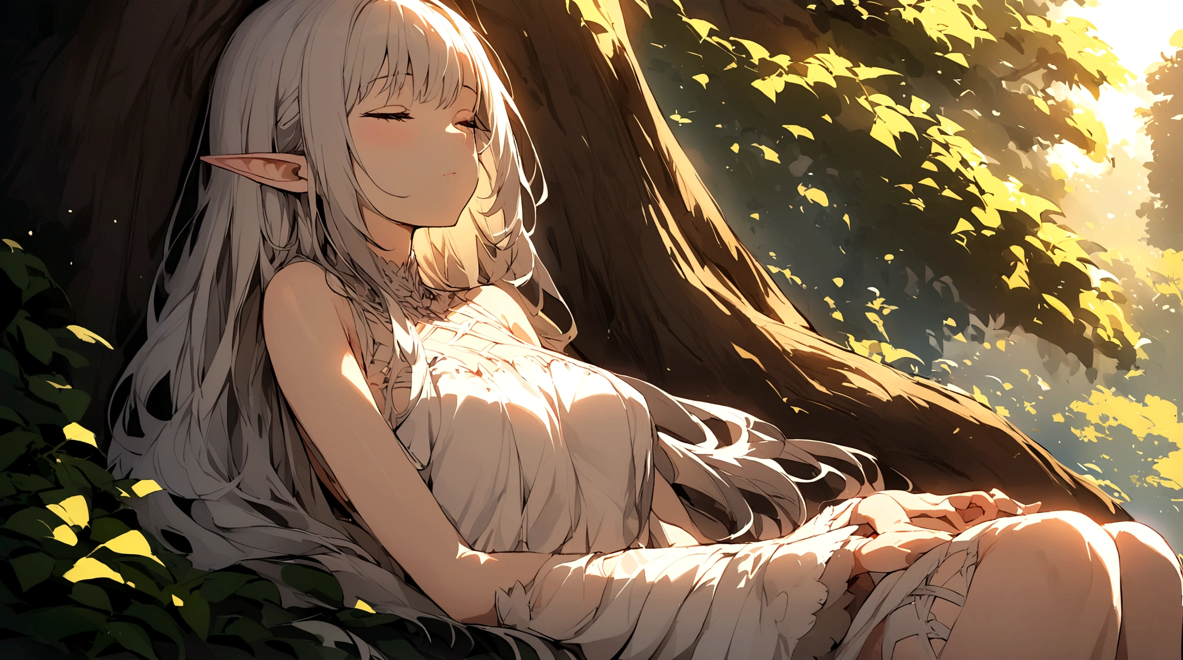 A girl，Elf，Girl sleeping on the tree，茂密的Big Tree，Big Tree，Morning Sunshine，Long gauze dress