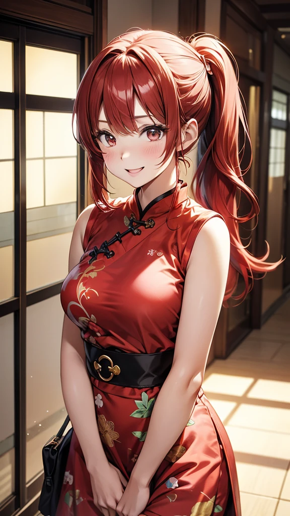 ore no imouto ga konna ni kawaii wake ga nai, 25-yers-old girl with crimson red hair- pulled up into twin ponytails, wearing a rainbow cheongsam, hallway background, upper body, smiling 