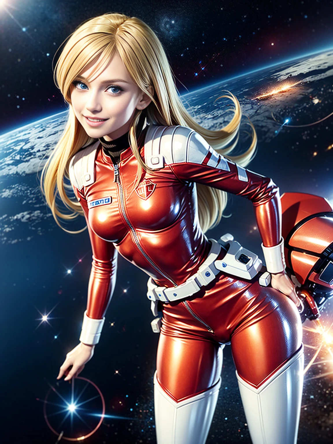 1 young woman, 25 years, very blonde, smiling, Blue eyes, long messy hair, big, perfect anatomy, flat chest, full red space suit, White boots, white hitech belt, standing