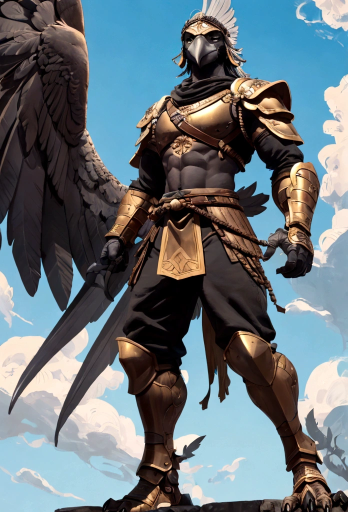 Imagine in stunning 8K cinematic detail, a formidable Spartan warrior with the face of a bird. His avian features include a razor-sharp beak and piercing eyes like those of an eagle, captured in full HD clarity. His feathers are a brilliant golden hue, shimmering under the sunlight in 4K resolution. This warrior possesses a majestic blue wing that extends gracefully from his back, with every feather rendered in meticulous detail, while his other wing, though not visible, adds a sense of mystery and depth to his presence. The warrior is clad in classic Spartan armor, with a bronze chestplate that gleams brilliantly, reflecting light with lifelike accuracy. The armor is adorned with intricate engravings that tell tales of ancient battles and past glories, each line and curve captured in ultra-high-definition. He wears a Spartan war helmet, with a plume of feathers that extends backward, blending seamlessly with the feathers on his head, creating an imposing and majestic silhouette. In his right hand, he holds a sturdy spear, decorated with Spartan symbols and blue feathers that match his wing. The spear's details are so precise you can see the individual fibers of the feathers and the engravings on the metal. His shield, round and solid, is emblazoned with the emblem of a bird in mid-flight, symbolizing his indomitable spirit and ability to master both sky and land. His leather sandals are reinforced with metal straps, ensuring that each step resonates with the strength of a legendary warrior. The warrior is strong and agile, his defined muscles showcasing years of rigorous training, depicted in stunning 4K. His movements are precise and lethal, reflecting Spartan discipline and the grace of a bird of prey, all animated with fluid and realistic motion. 