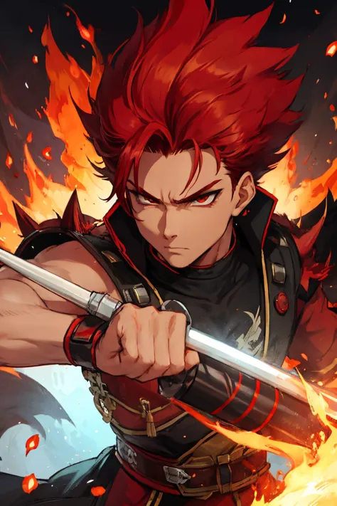 A young man with strong red hair, spiky hair, Look of Fury, kitsune mouth mask, fury fox, blood red fire.