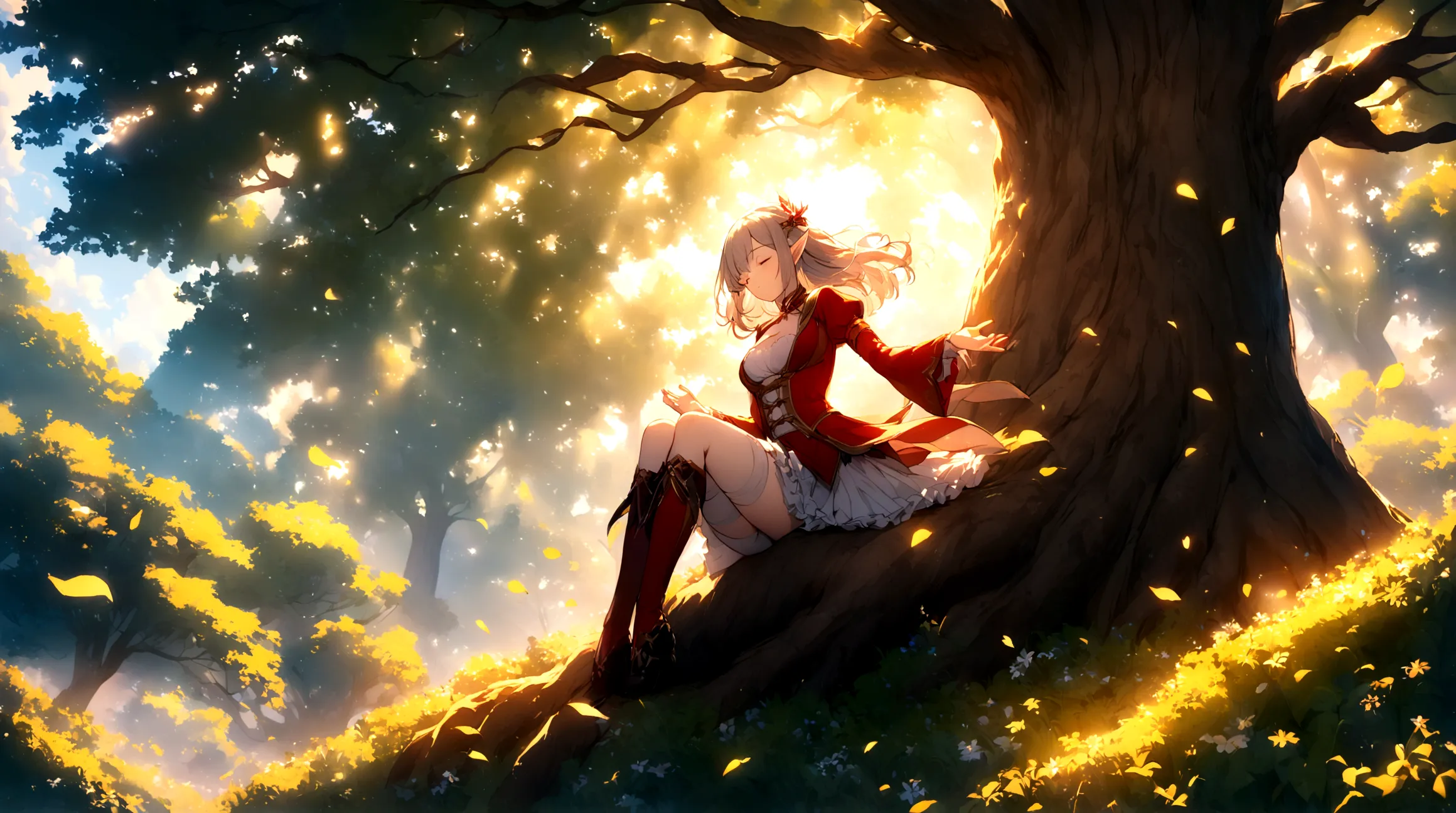 A girl，Elf，Girl sleeping in a tree，茂密的Big Tree，Big Tree，Morning Sunshine，Long gauze skirt