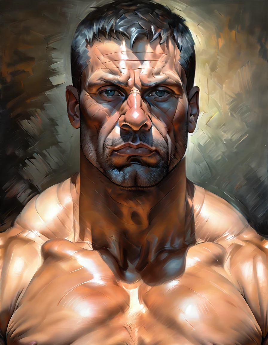 intricate portrait of a muscular, shirtless man, strong facial features, intense gaze, belly inflating, highly detailed, photorealistic, dramatic lighting, chiaroscuro, oil painting, vibrant colors, hyper-realistic, cinematic composition, moody atmosphere