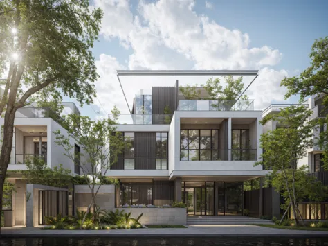 RAW photo, Exterior of two story white modern house, road, ((sidewalk)), ((sidewalk trees)), residences area, day time, tropical...