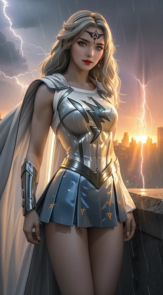 A closeup of a woman in a Superman costume standing in a city, Superchica, Gal Gadot as Supergirl, superhero body, super-hero girl, Super model, superhero, amouranth as a super villain, hybrid of gal gadot, Super Hero, Gal Gadot as the Lord of Hell, the strongest superhero, Emma Watson as Supergirl,Apocalyptic destroyed city, rain falling, More detailed 8K.unreal engine:1.4,UHD,La Best Quality:1.4, photorealistic:1.4, skin texture:1.4, masterpiece:1.8,first work, Best Quality,object object], (detailed face features:1.3),(mini-skirt white:1.4),(showing panties),(Apocalyptic sunset:1.4),(White superhero Costume:1.4),(gray white hair:1.4),(Rainy blue lightning background:1.4)