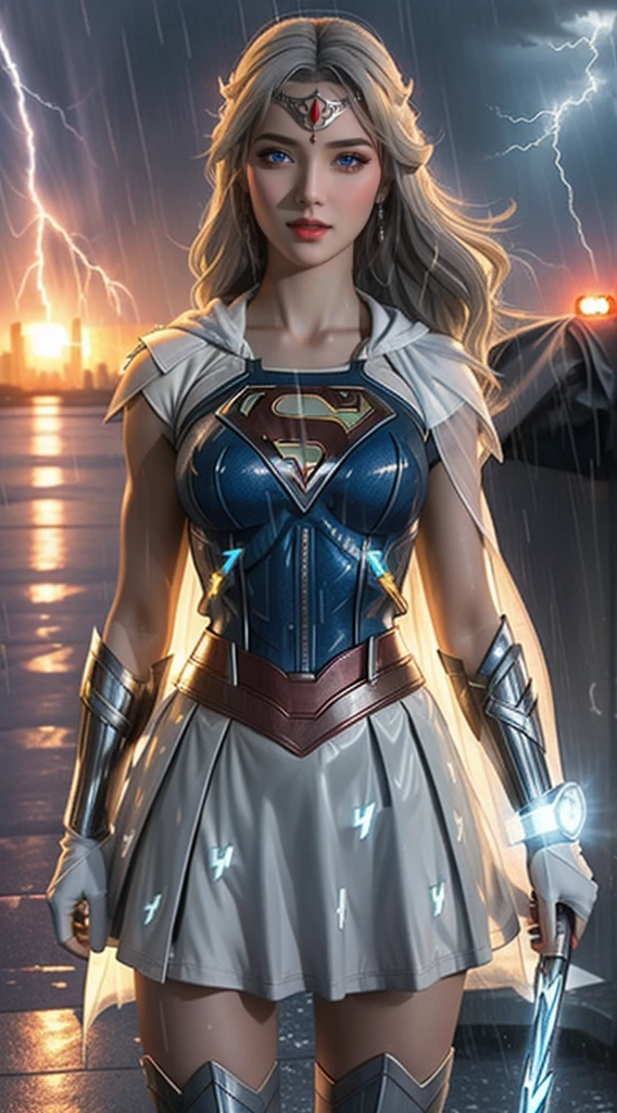 A closeup of a woman in a Superman costume standing in a city, Superchica, Gal Gadot as Supergirl, superhero body, super-hero girl, Super model, superhero, amouranth as a super villain, hybrid of gal gadot, Super Hero, Gal Gadot as the Lord of Hell, the strongest superhero, Emma Watson as Supergirl,Apocalyptic destroyed city, rain falling, More detailed 8K.unreal engine:1.4,UHD,La Best Quality:1.4, photorealistic:1.4, skin texture:1.4, masterpiece:1.8,first work, Best Quality,object object], (detailed face features:1.3),(mini-skirt white:1.4),(showing panties),(Apocalyptic sunset:1.4),(White superhero Costume:1.4),(gray white hair:1.4),(Rainy blue lightning background:1.4)