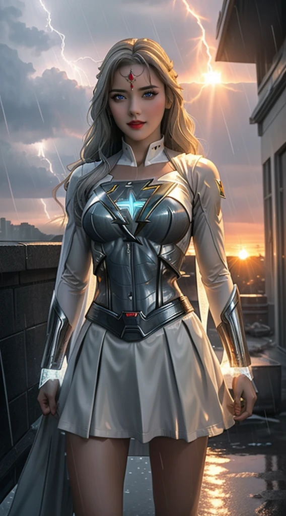 A closeup of a woman in a Superman costume standing in a city, Superchica, Gal Gadot as Supergirl, superhero body, super-hero girl, Super model, superhero, amouranth as a super villain, hybrid of gal gadot, Super Hero, Gal Gadot as the Lord of Hell, the strongest superhero, Emma Watson as Supergirl,Apocalyptic destroyed city, rain falling, More detailed 8K.unreal engine:1.4,UHD,La Best Quality:1.4, photorealistic:1.4, skin texture:1.4, masterpiece:1.8,first work, Best Quality,object object], (detailed face features:1.3),(mini-skirt white:1.4),(showing panties),(Apocalyptic sunset:1.4),(White superhero Costume:1.4),(gray white hair:1.4),(Rainy blue lightning background:1.4)