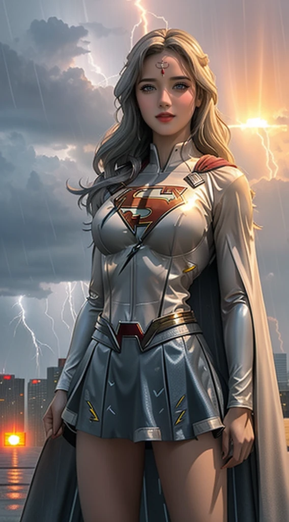 A closeup of a woman in a Superman costume standing in a city, Superchica, Gal Gadot as Supergirl, superhero body, super-hero girl, Super model, superhero, amouranth as a super villain, hybrid of gal gadot, Super Hero, Gal Gadot as the Lord of Hell, the strongest superhero, Emma Watson as Supergirl,Apocalyptic destroyed city, rain falling, More detailed 8K.unreal engine:1.4,UHD,La Best Quality:1.4, photorealistic:1.4, skin texture:1.4, masterpiece:1.8,first work, Best Quality,object object], (detailed face features:1.3),(mini-skirt white:1.4),(showing panties),(Apocalyptic sunset:1.4),(White superhero Costume:1.4),(gray white hair:1.4),(Rainy blue lightning background:1.4)