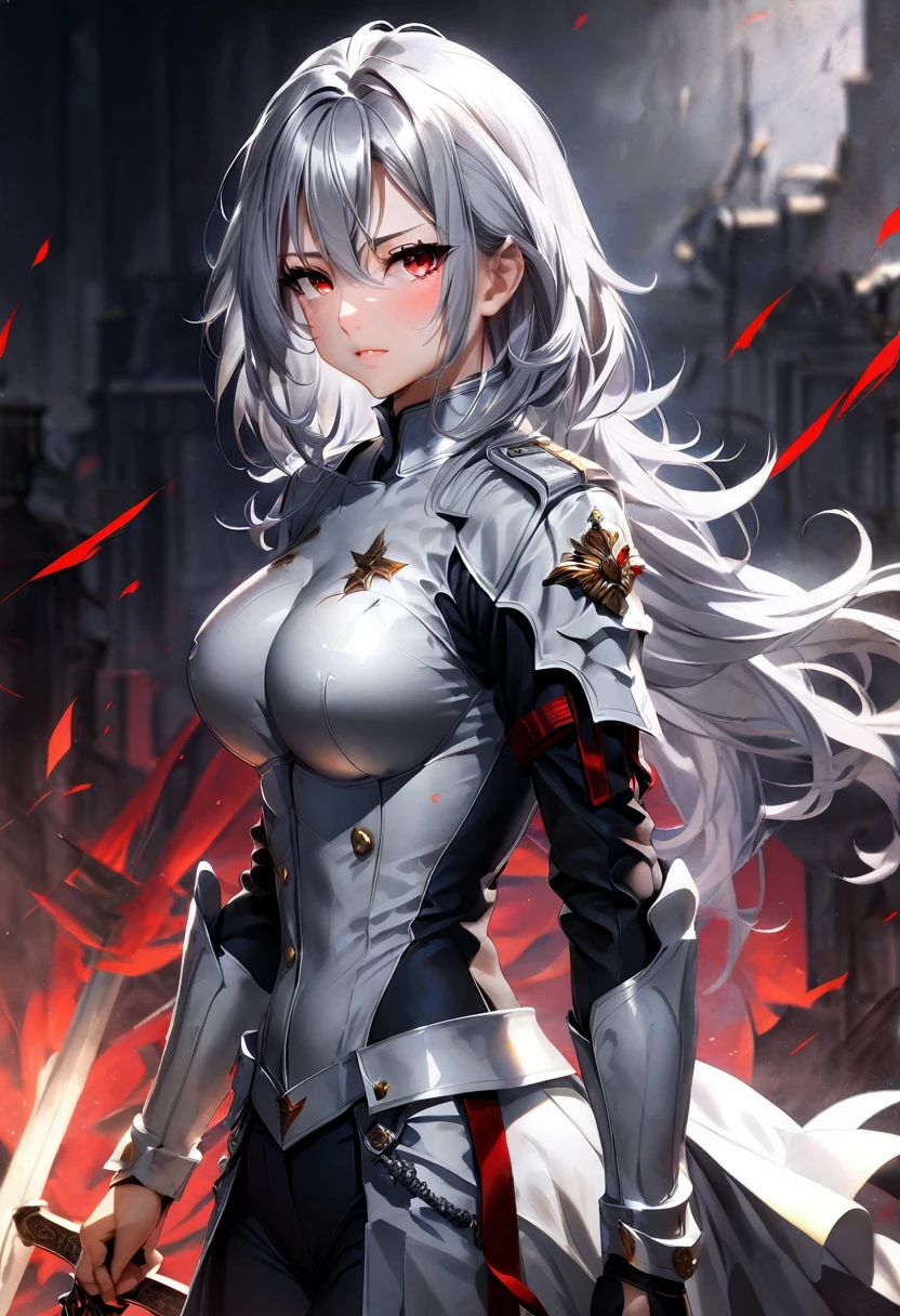 silver hair girl, red eyes, medium breasts, sexy body, military uniform ((detail)), carrying a sword, graceful position ((gallant)), ((Royal background))