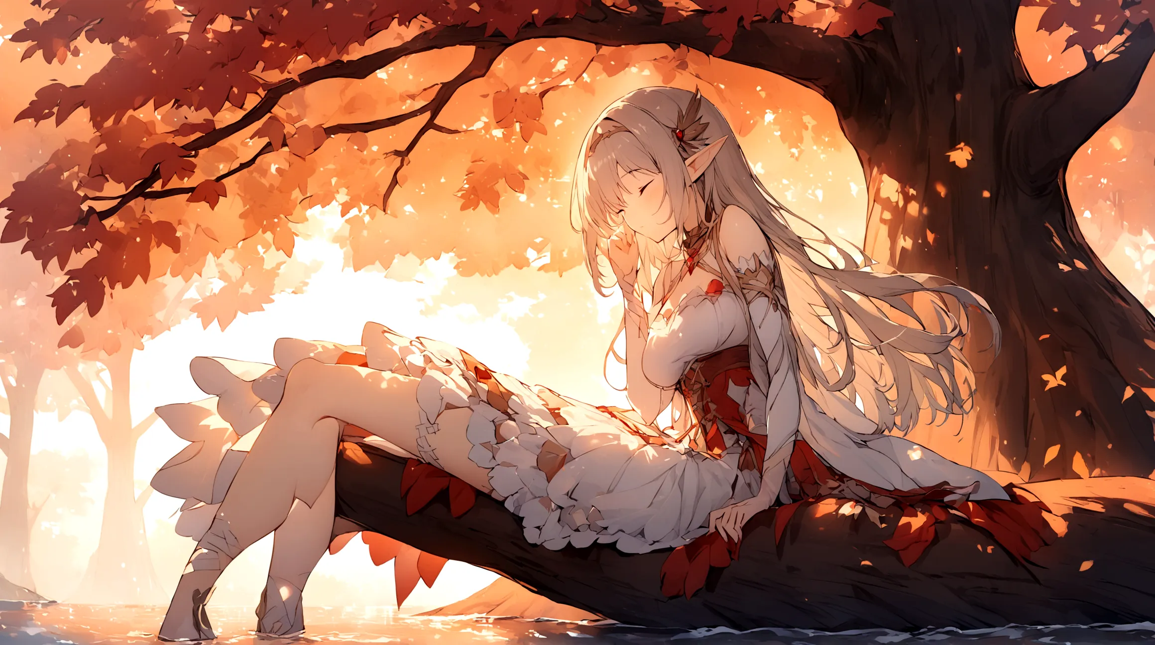 A girl，Elf，Girl sleeping in a tree，茂密的Big Tree，Big Tree，Clear lake water，Morning Sunshine，Long gauze skirt