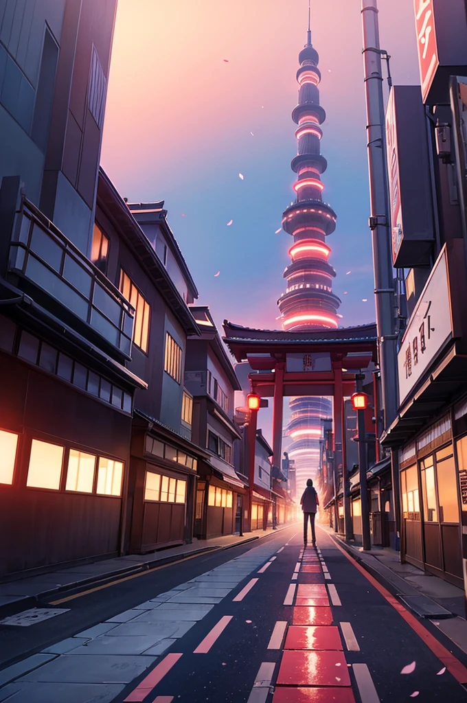 (Obra de arte:1.2), melhor qualidade, meio da jornada, nenhuma pessoa, apenas plano de fundo, cidade futurista japonesa, pôr do sol com luzes sangrando, flores de sakura flutuando no céu

