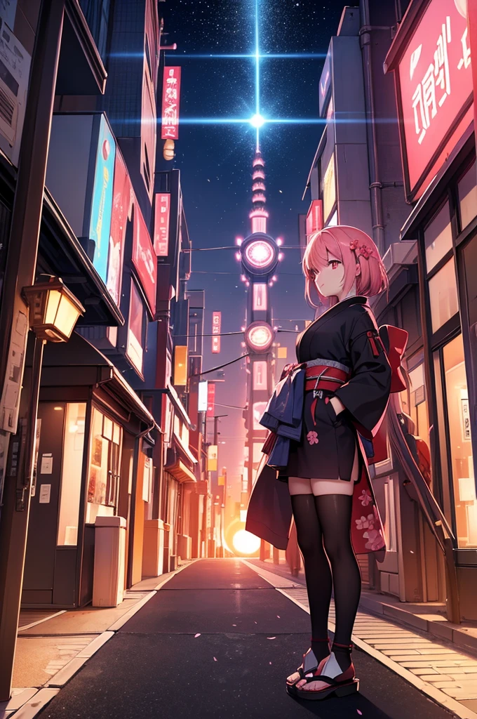 (masterpiece:1.2), best quality, midjourney, no person just background, japanese futuristic city, sunset with bleeding lights, sakura blossoms floating in the sky

