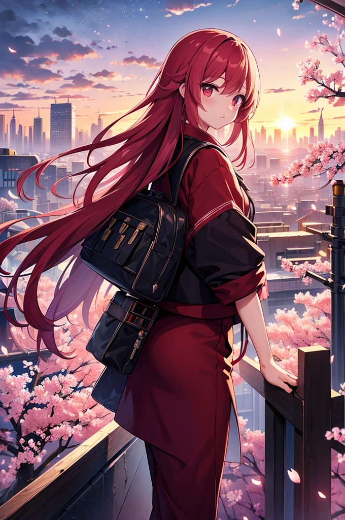 (Meisterwerk:1.2), beste Qualität, mitten auf der Reise, keine Person, nur Hintergrund, japanische futuristische Stadt, Sonnenuntergang mit blutenden Lichtern, Sakurablüten schweben im Himmel

