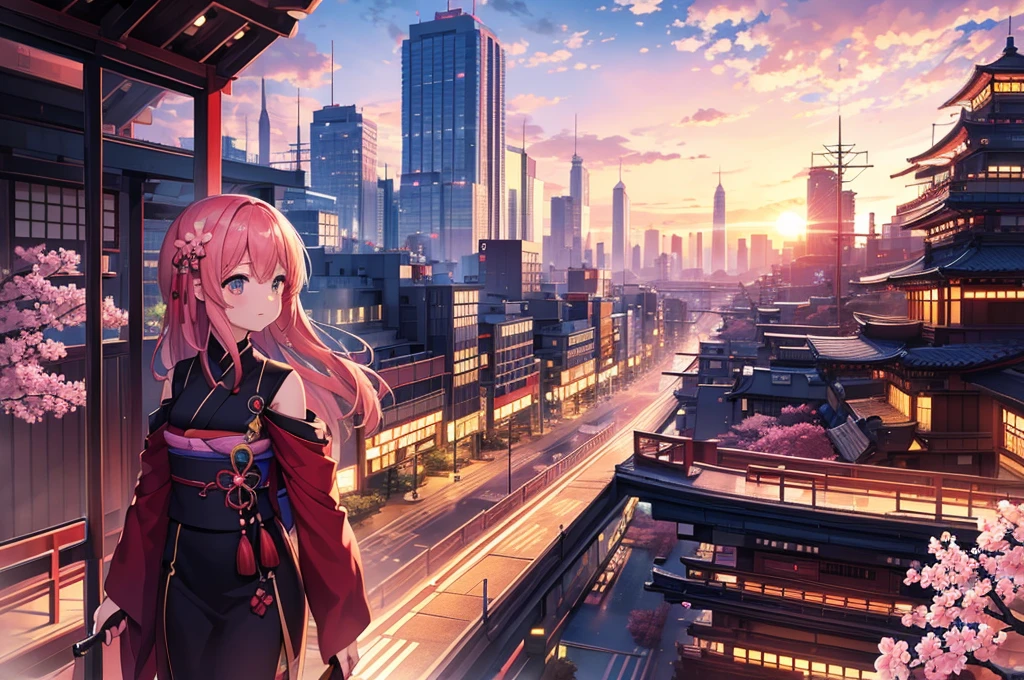 (Meisterwerk:1.2), beste Qualität, mitten auf der Reise, keine Person, nur Hintergrund, japanische futuristische Stadt, Sonnenuntergang mit blutenden Lichtern, Sakurablüten schweben im Himmel
