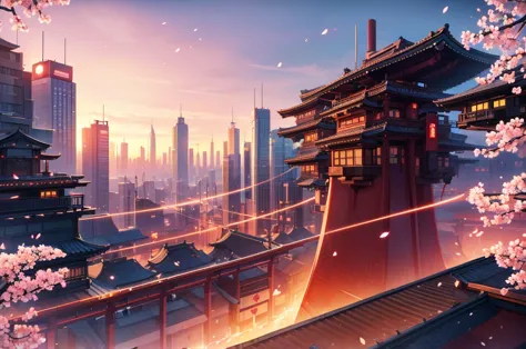 (masterpiece:1.2), best quality, midjourney, no person just background, japanese futuristic city, sunset with bleeding lights, s...