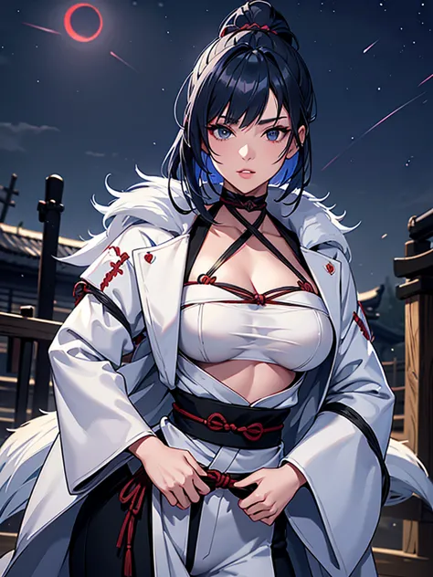 a female samurai, beautiful detailed eyes, beautiful detailed lips, extremely detailed face, long eyelashes, (katana swords behi...