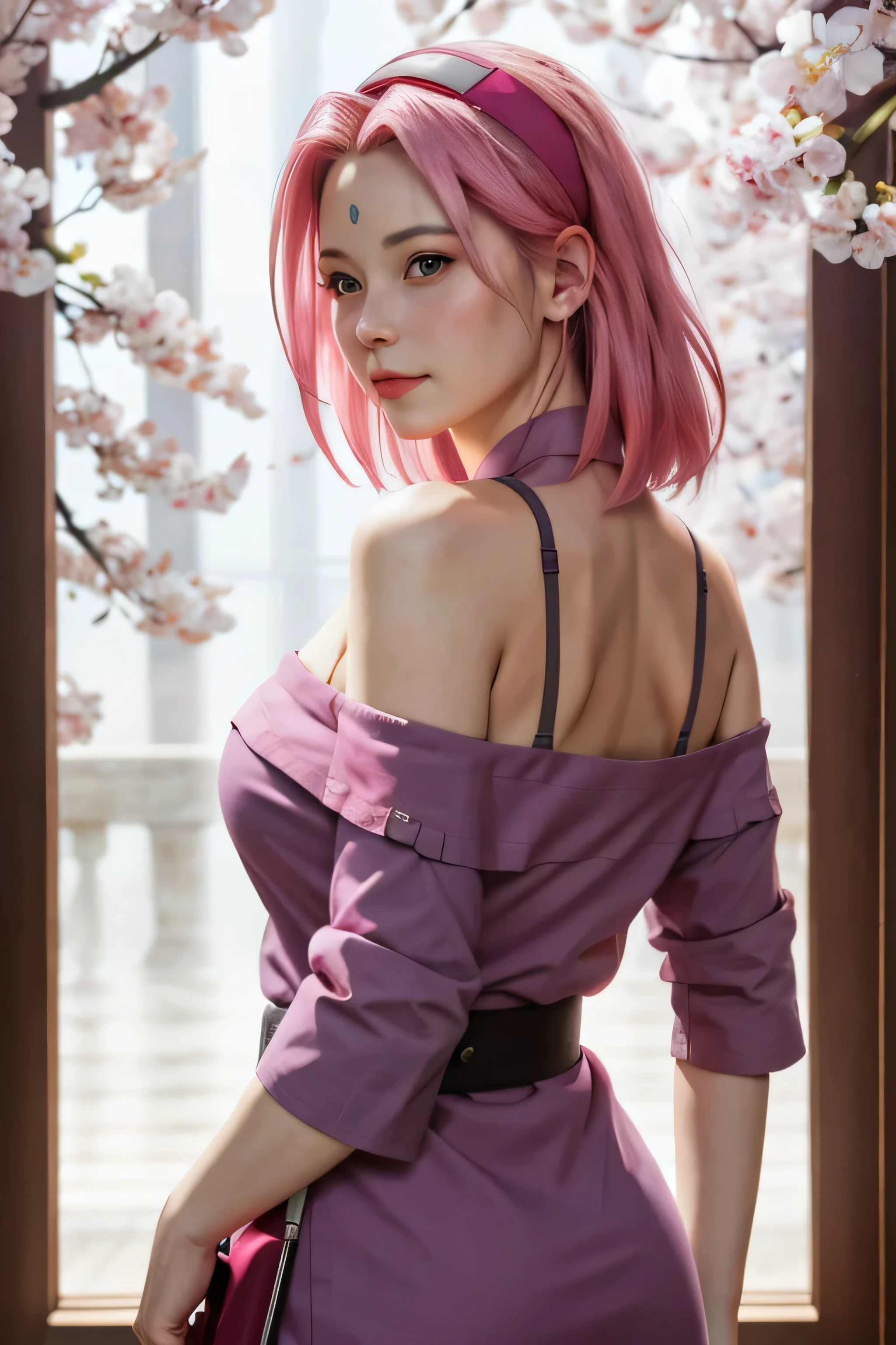 masterpiece, absurdres, sakura haruno, 1girl, solo,mature female, off-shoulder oversized shirt, looking at viewer, (falling petals), perfect composition, detailed lips, big breast, beautiful face, body propotion, blush, (pink lips), long hair, purple eyes, soft gaze, super realistic, detailed, photoshoot, realistic face and body, back view, pink bandana