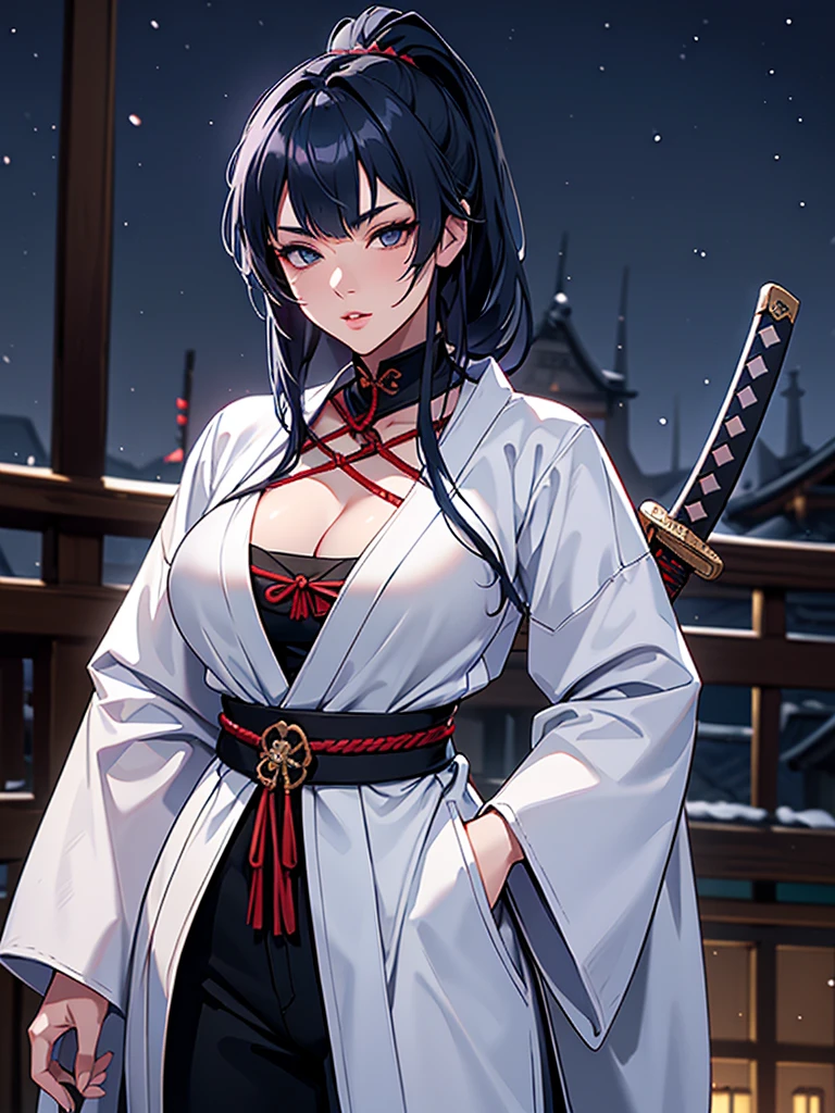 a female samurai, beautiful detailed eyes, beautiful detailed lips, extremely detailed face, long eyelashes, (katana swords behind hips:1.2),hyper realistic lighting,(super detailed:1.3),((best quality:1.2)),((masterpiece:1.2)),female focus,lonely beauty,detailed face,detailed lips,(nighttime:1.6),(standing in a medieval europe castletown),(eclipse),cowboy shot,cleavage,((shibari across bare breasts:1.125)),topknot,muted dark blue hair,white samurai coat,black samurai (pants):1.1,asymmetrical sleeve length