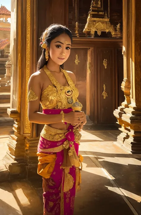 An image of a captivating Balinese girl, her radiant features illuminated by the golden light of the Majapahit palace, singing w...