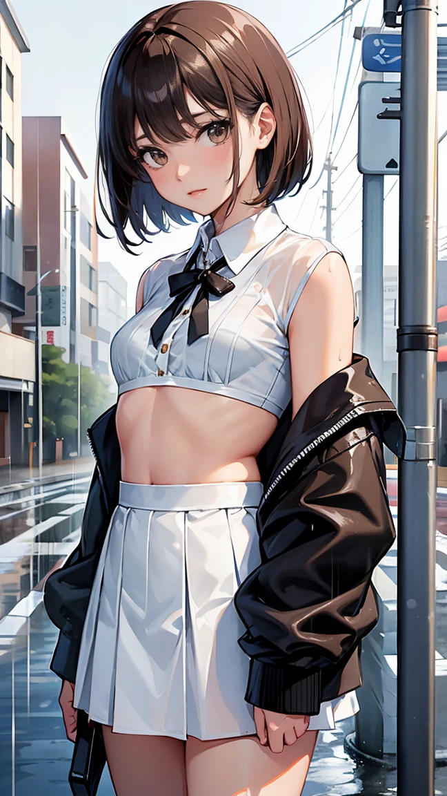 (One woman), short bob, 18 years old, Japanese, brown eyes, brown hair, slim figure, flat chest, high school girl, school summer uniform
Blake
Facial expression and background
Her whole body got wet from a sudden rain, and her blouse became transparent, giving a faint glimpse of her bra