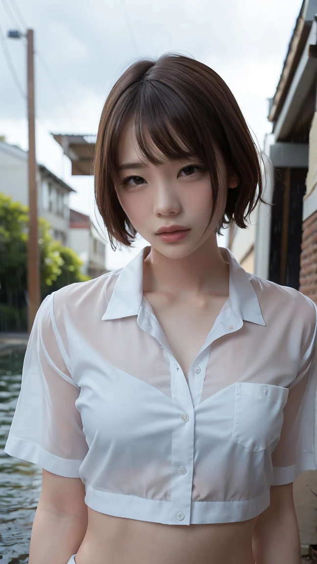 (One woman), short bob, 18 years old, Japanese, brown eyes, brown hair, slim figure, flat chest, high school girl, school summer uniform
Blake
Facial expression and background
Her whole body got wet from a sudden rain, and her blouse became transparent, giving a faint glimpse of her bra