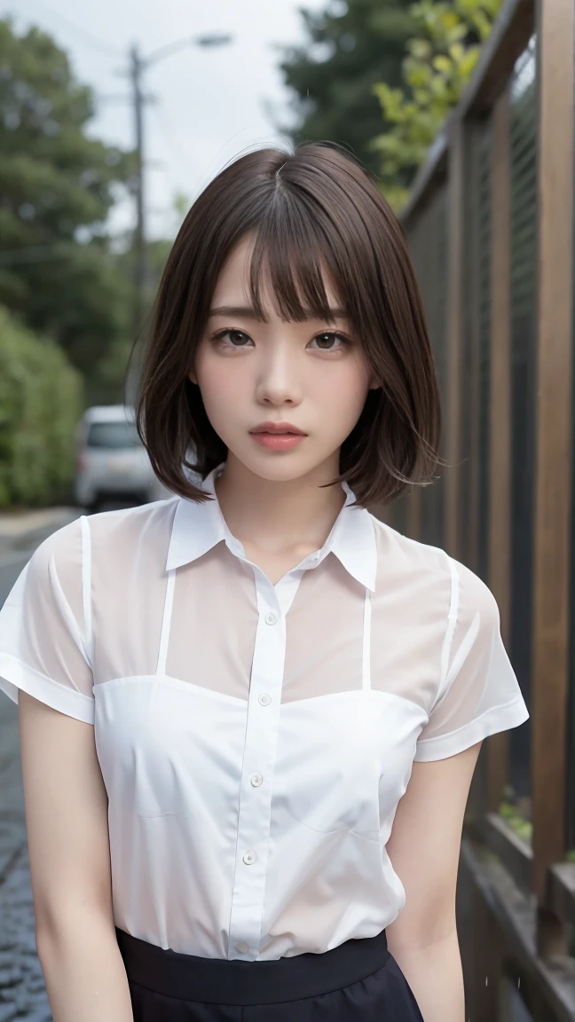 (One woman), short bob, 18 years old, Japanese, brown eyes, brown hair, slim figure, flat chest, high school girl, school summer uniform
Blake
Facial expression and background
Her whole body got wet from a sudden rain, and her blouse became transparent, giving a faint glimpse of her bra