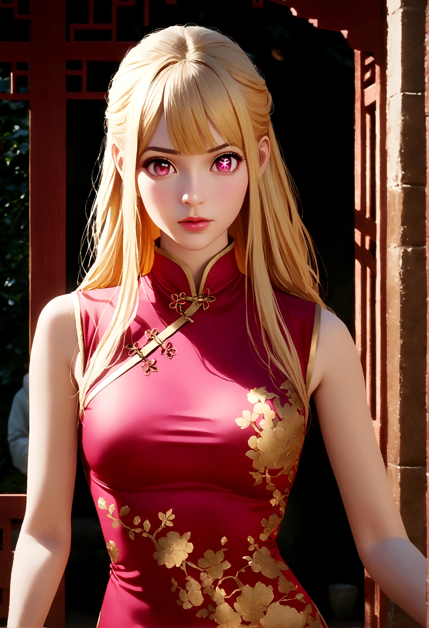 china dress, gold decoration dress, hoshinoruby, star-shaped pupils, ruby_hoshino, blonde hair, bangs, 1girl, pink eyes, long hair, cowboy shot, photorealistic,