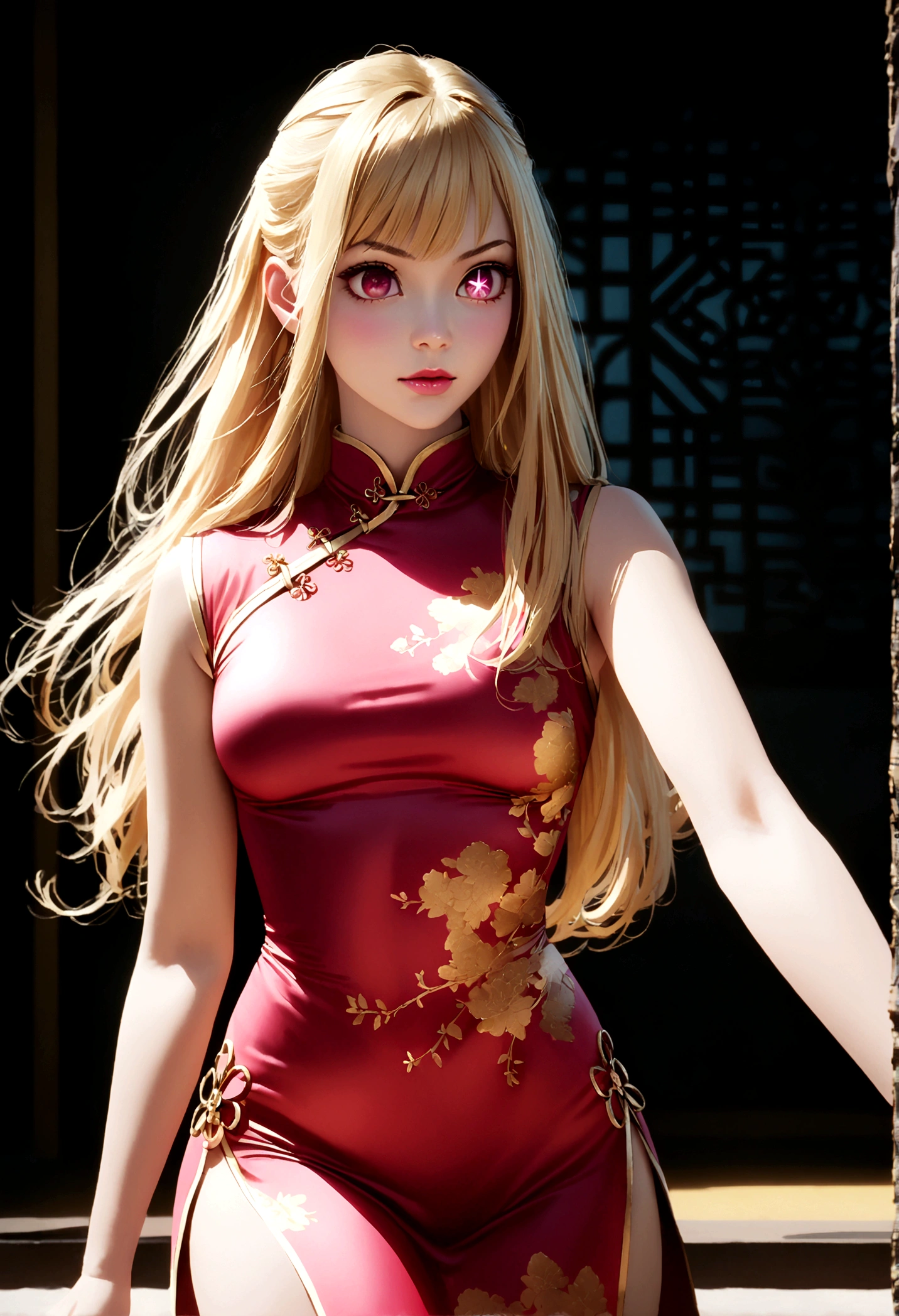 china dress, gold decoration dress, hoshinoruby, star-shaped pupils, ruby_hoshino, blonde hair, bangs, 1girl, pink eyes, long hair, cowboy shot, photorealistic,