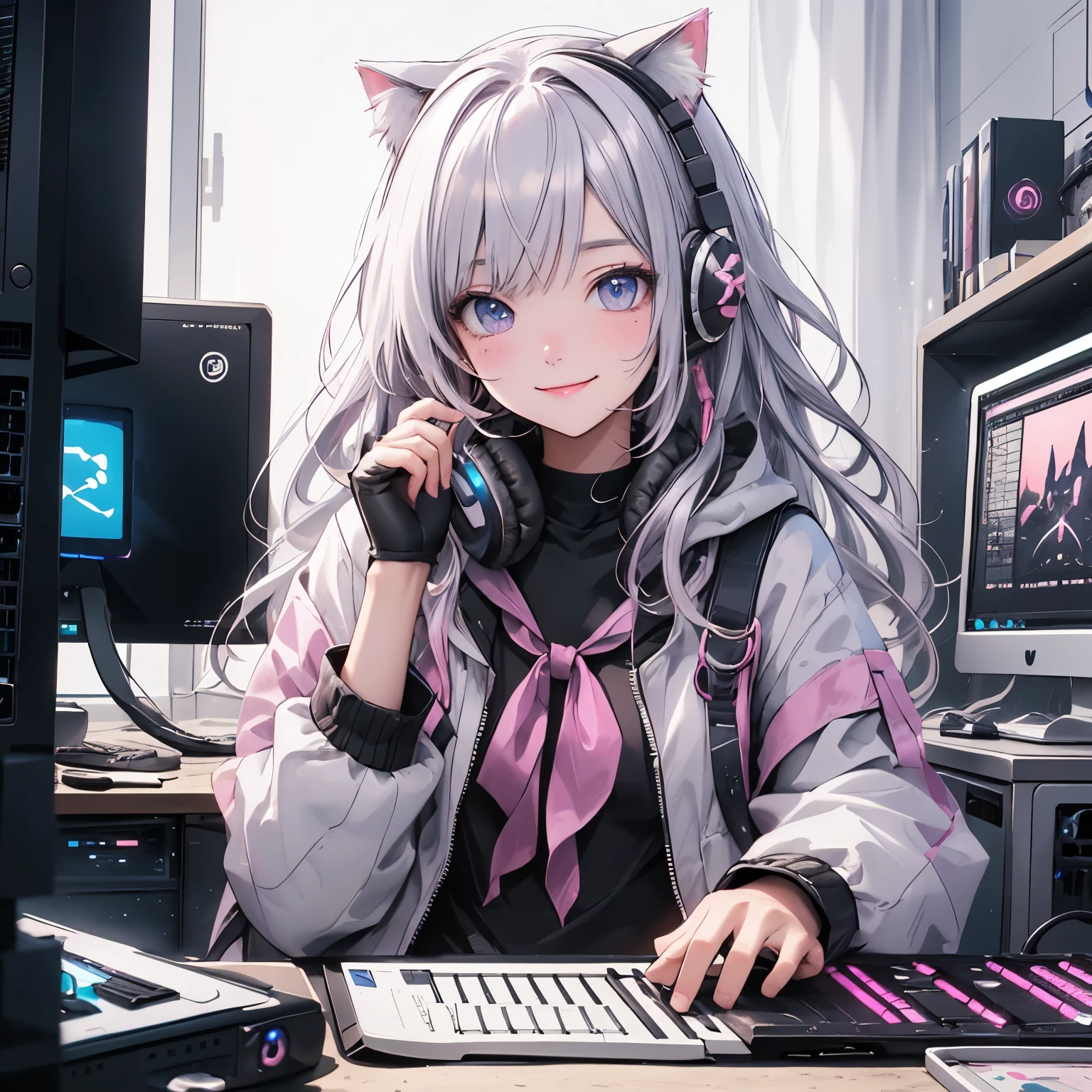 (masterpiece), Highest quality, Ultra-high resolution,Cat with pink ribbon、Silver Hair、headphone、(Composing on a computer:1.3)、Future、smile