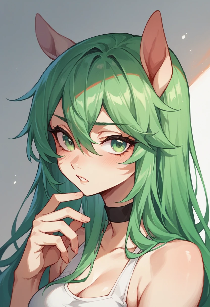 NSFW,1girl,Green Hair,Light green eyes,Horse&#39;s ears,Horse tail,Curly medium short hair,Square glasses,Wearing a large white coat,,Dairy-free,garter belt,Expressionless,desk,Character portrait,full Art,hoodie,hot pants,