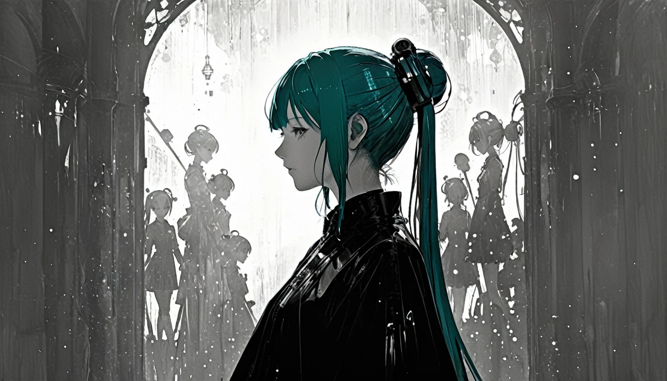 Harry Clarke style,(Ashley Wood Style:1.4), (Double exposure:1.4)、Hatsune Miku