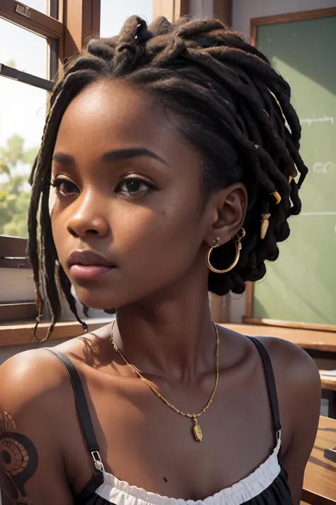 Pretty black realistic photo, african girl, , Dark Skin, Dreadlocks, Tattoos and Piercings, Cleavage, Close-up portrait hyperrea...
