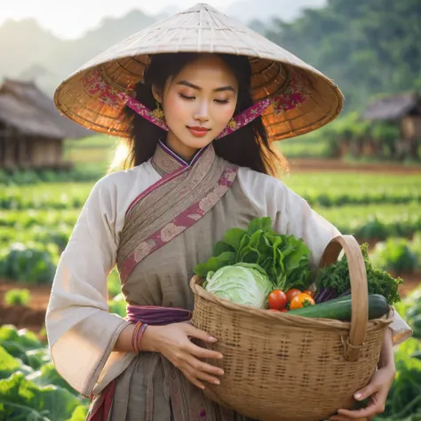 arafed woman carrying a basket of vegetables in a field, japanesse farmer, vietnamese woman, traditional beauty, traditional, as...