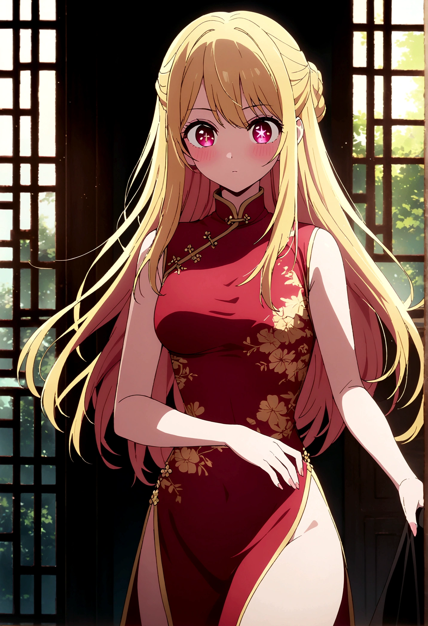 china dress, gold decoration dress, hoshinoruby, star-shaped pupils, ruby_hoshino, blonde hair, bangs, 1girl, pink eyes, long hair, cowboy shot, masterpiece, extremely detailed CG,