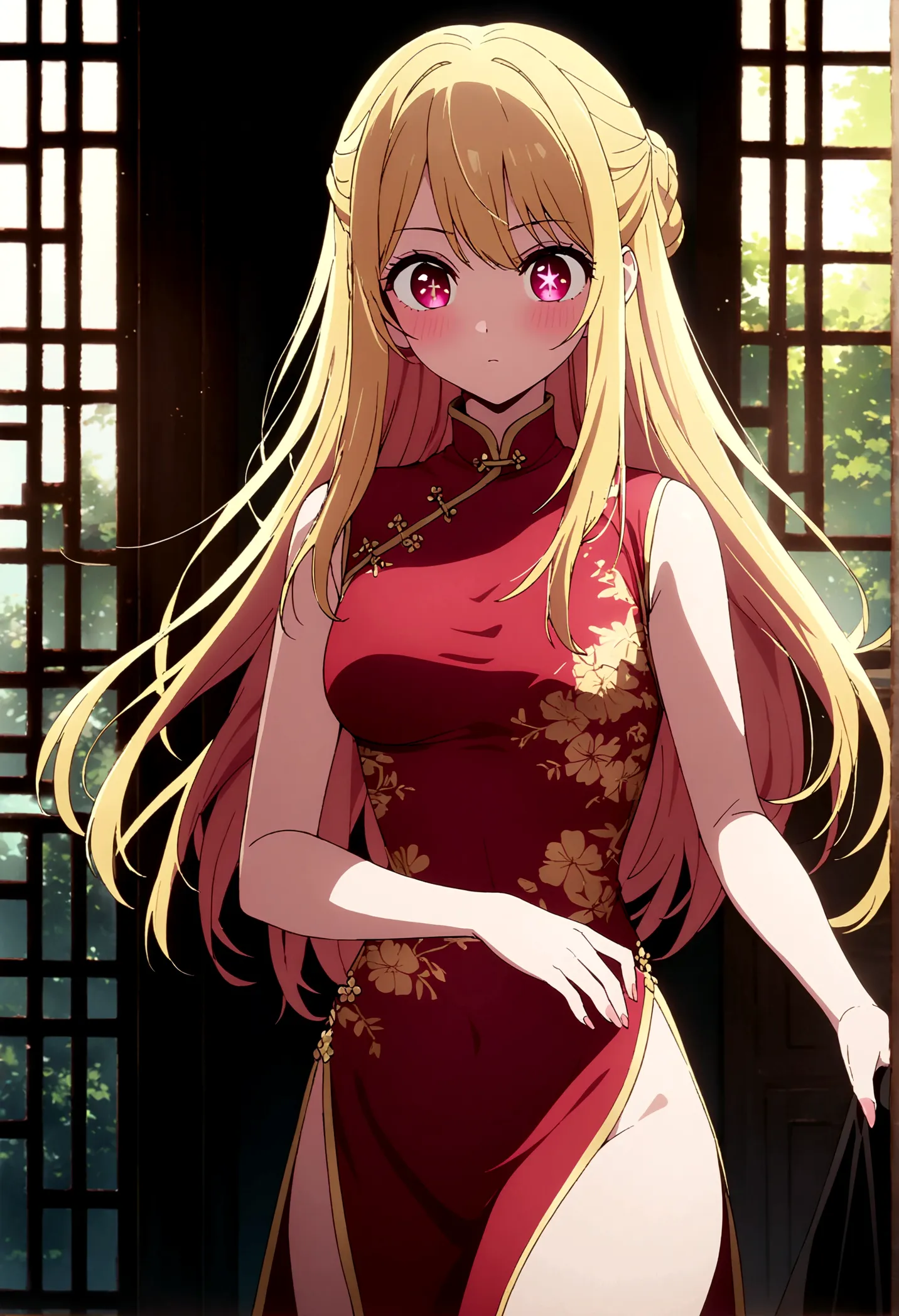 china dress, gold decoration dress, hoshinoruby, star-shaped pupils, ruby_hoshino, blonde hair, bangs, 1girl, pink eyes, long ha...