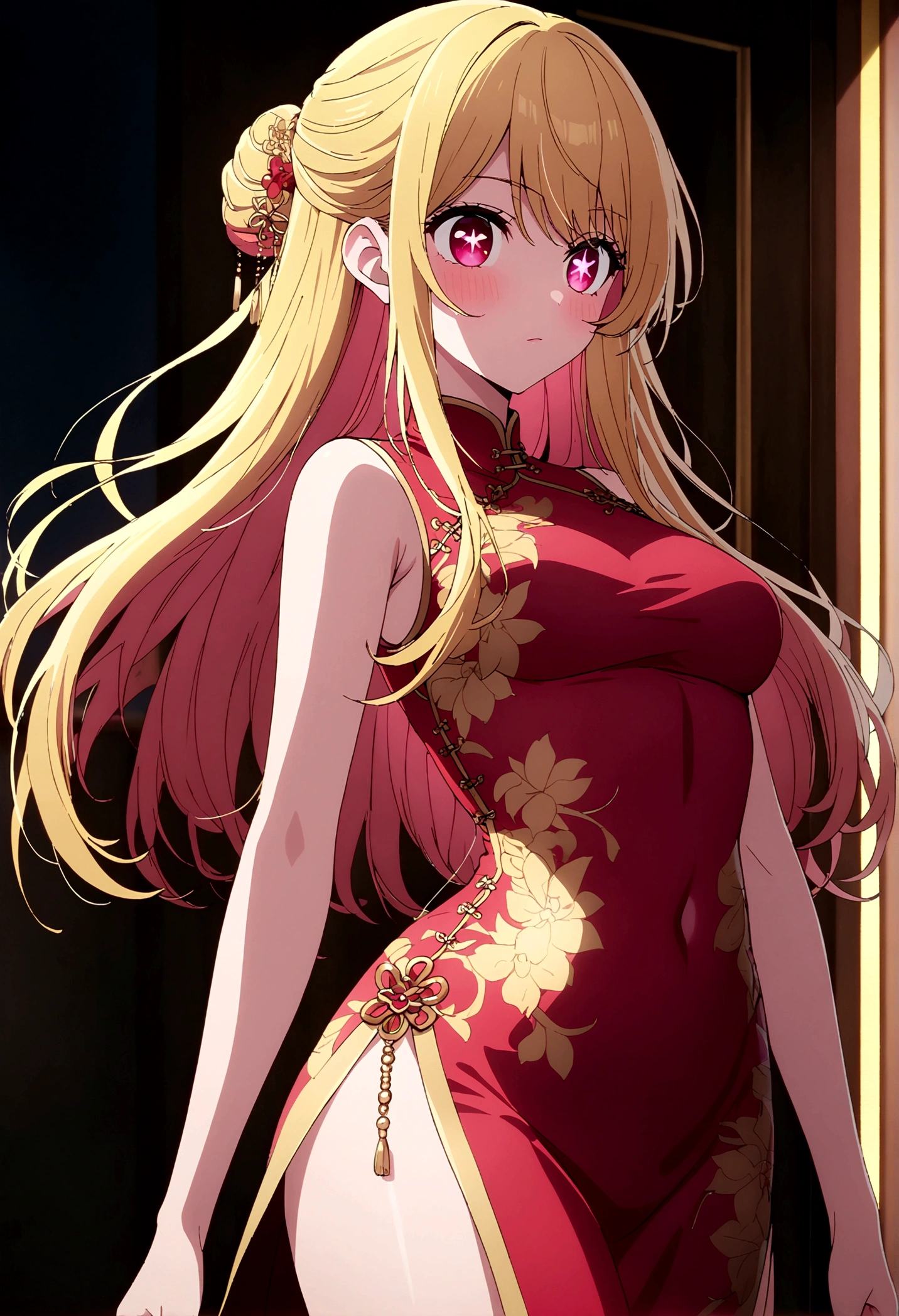 china dress, gold decoration dress, hoshinoruby, star-shaped pupils, ruby_hoshino, blonde hair, bangs, 1girl, pink eyes, long hair, cowboy shot, masterpiece, extremely detailed CG,