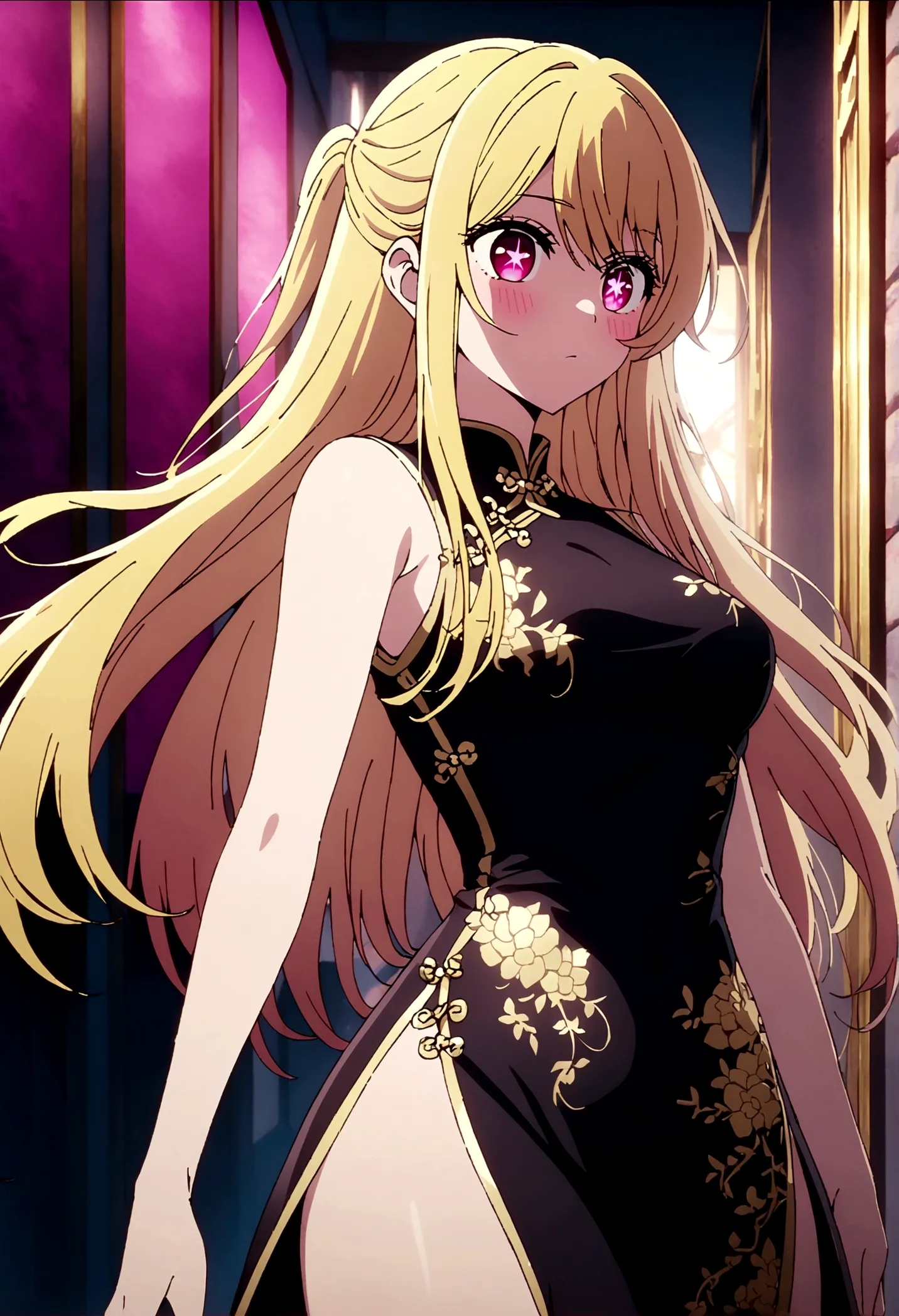 china dress, gold decoration dress, hoshinoruby, star-shaped pupils, ruby_hoshino, blonde hair, bangs, 1girl, pink eyes, long ha...