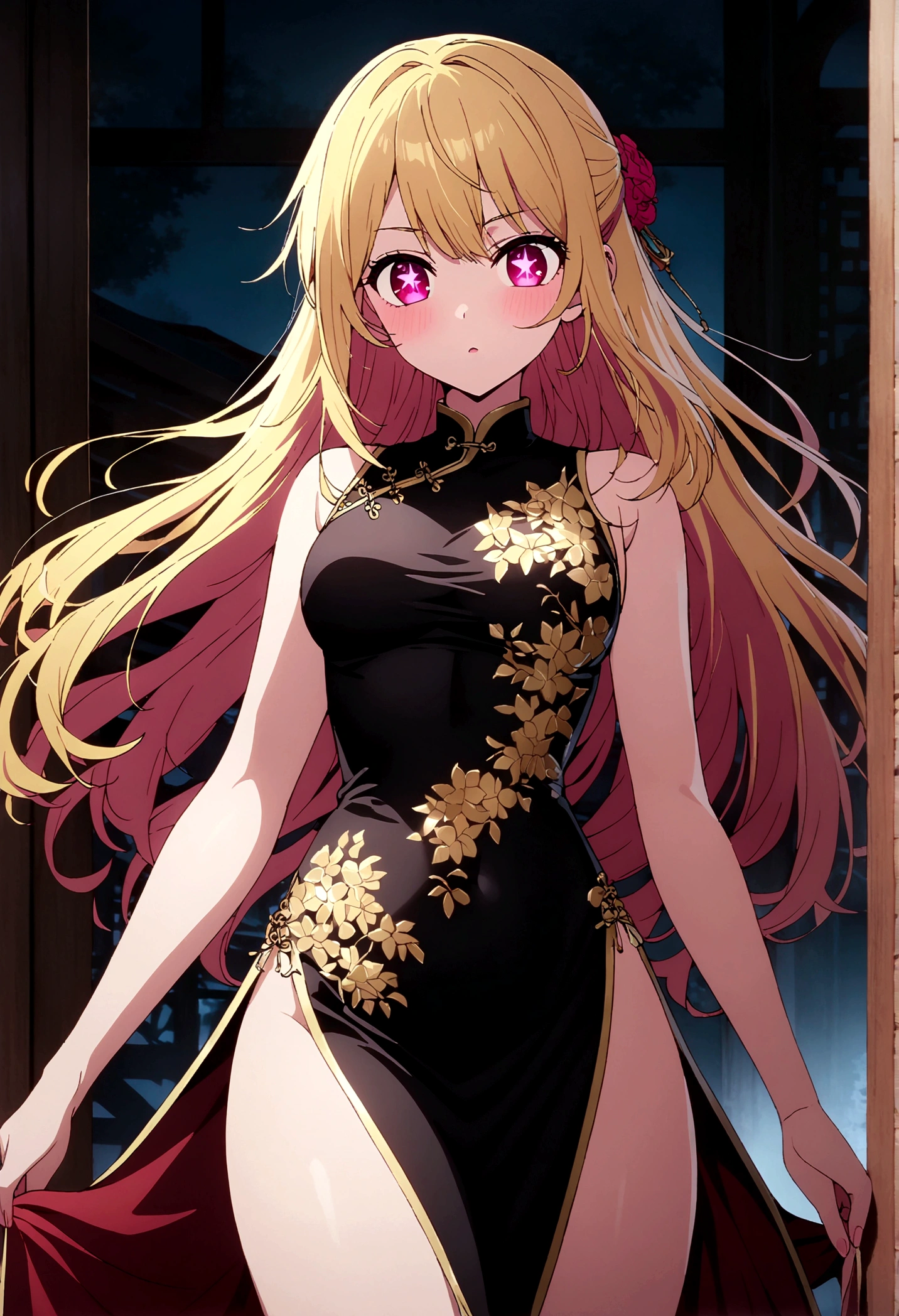 china dress, gold decoration dress, hoshinoruby, star-shaped pupils, ruby_hoshino, blonde hair, bangs, 1girl, pink eyes, long hair, cowboy shot, masterpiece, extremely detailed CG,