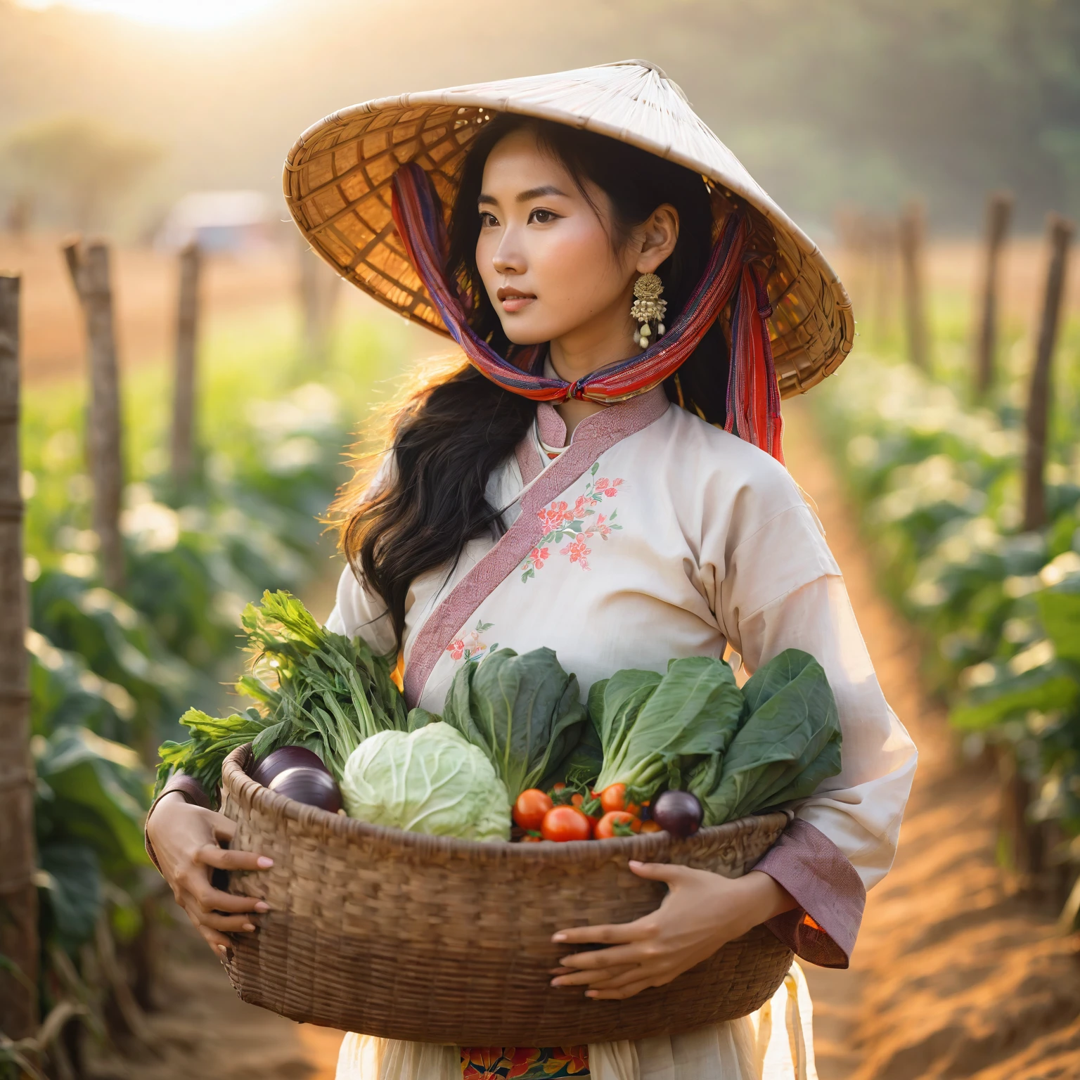 arafed woman carrying a basket of vegetables in a field, japanesse farmer, vietnamese woman, traditional beauty, traditional, asian woman, in style of lam manh, an asian woman, asian girl, in style of thawan duchanee, traditional clothes, wearing farm clothes, a young asian woman, sukhothai costume, chinese woman, gorgeous lady, Bokeh background, Taken using Sony Alpha α7CR full-frame, Fullcolor, profile picture 1536px, photorealistic, high quality