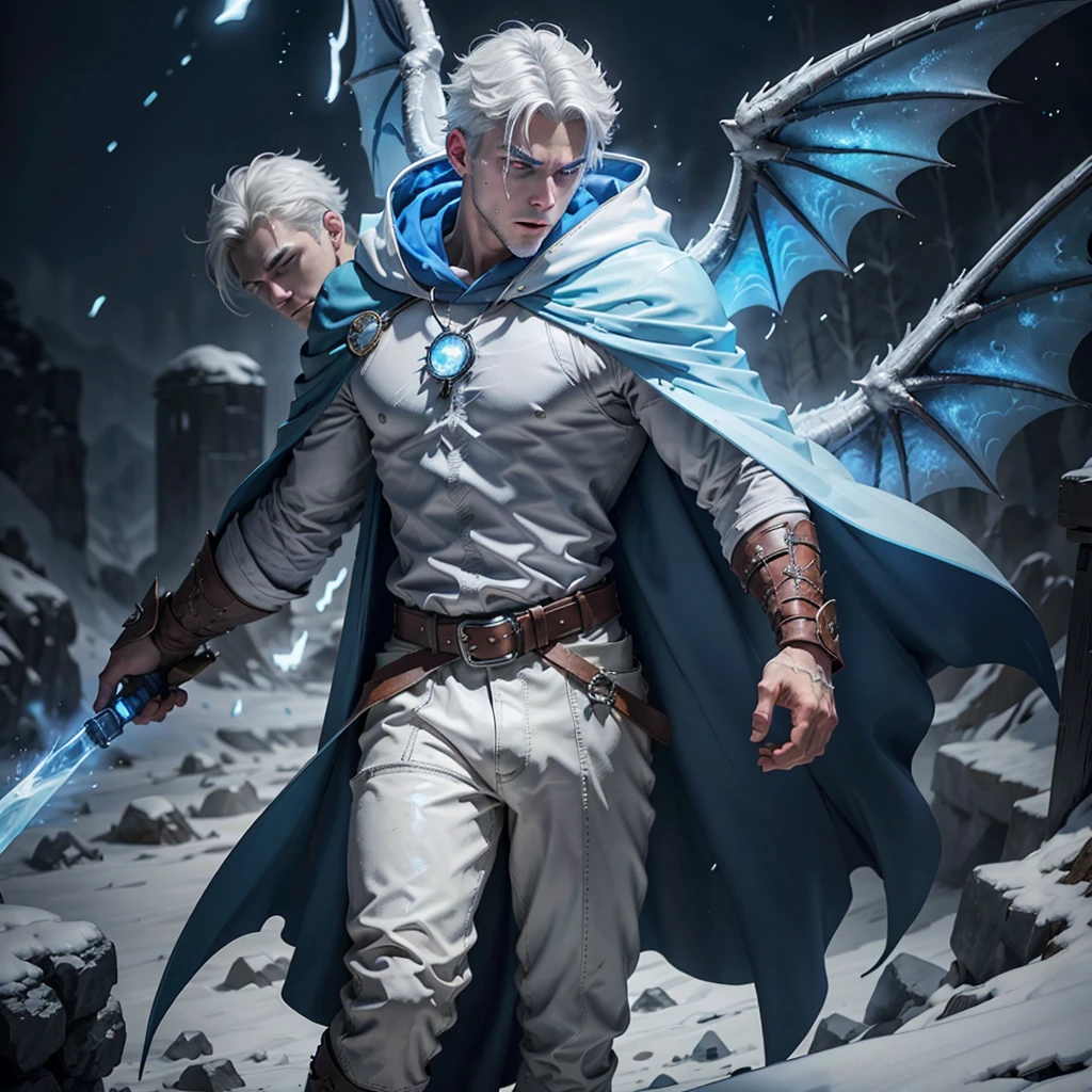 Design 1wizard man shooting a ice beam. Young man with a transparent hooded cape.Light gray hair. Glowing white eyes Wearing a white button-down shirt Wearing blue pants Wearing a brown belt Wearing short brown boots Wearing blue gloves on your hands. Dragon wings on his back. epic.cinematografico. powerfull