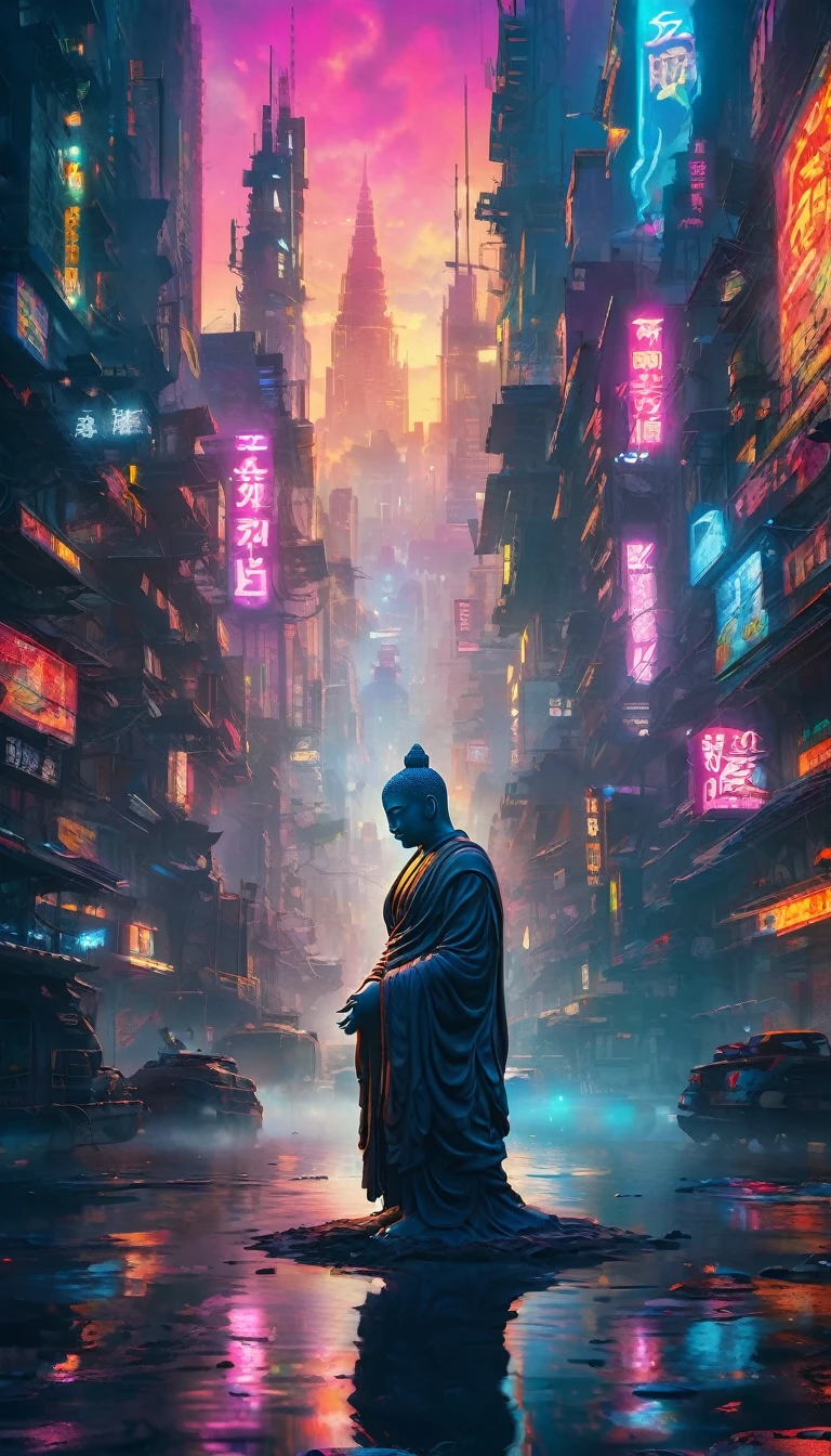 Meisterwerk: Ein heiterer Buddha im Herzen einer Cyberpunk-Metropole Weiterlesen:Friedlicher Buddha als Silhouette vor einem düsteren Cyberpunk-Stadthintergrund. Realistisch:Cyberpunk Meditation:Hyperrealistischer Zen-Buddha in einer neonbeleuchteten Großstadt:Cyberpunk MeditationのMeisterwerk:Ein heiterer Buddha in einem lebendigen, futuristisches Stadtbild. Kurvenreiche Schönheit.:Cyberpunk Meditation:Ein anspruchsvoller und moderner Buddha, umgeben von den glatten und scharfen Kanten der Neonstadt.