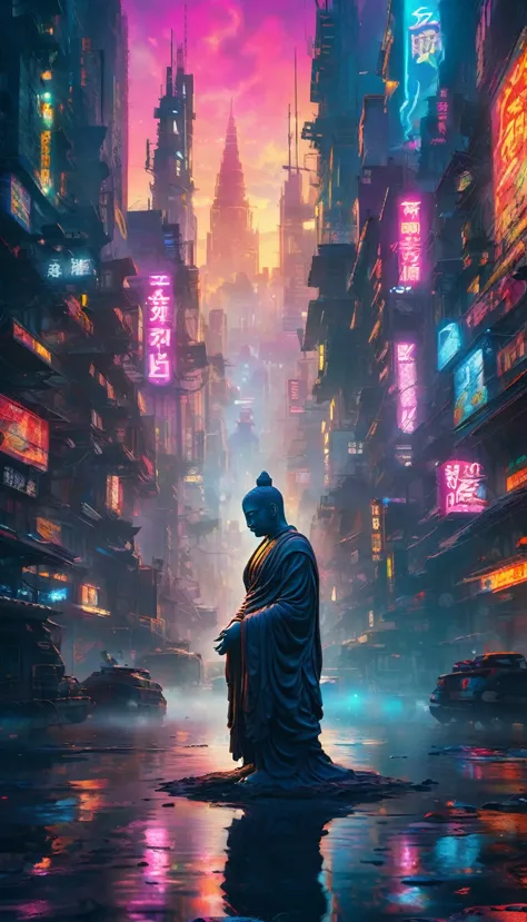masterpiece: A serene Buddha in the heart of a cyberpunk metropolis Read more:Peaceful Buddha silhouetted against a gritty cyber...