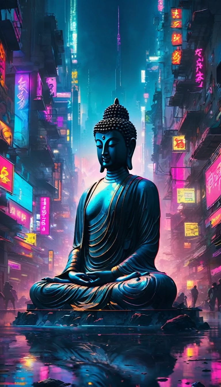 masterpiece: A serene Buddha in the heart of a cyberpunk metropolis Read more:Peaceful Buddha silhouetted against a gritty cyberpunk city background Realistic:Cyberpunk Meditation:Hyperrealistic Zen Buddha in a Neon-Lit Big City:Cyberpunk Meditationのmasterpiece:A serene Buddha in a vibrant, futuristic cityscape. Curvaceous beauty.:Cyberpunk Meditation:A sophisticated and modern Buddha surrounded by the sleek and sharp edges of the neon city.