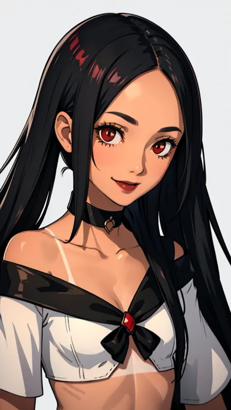 1 girl, red eyes, long hair, black choker, black lipstick, smile, white hair, small breast,forehead, face portrait, bandeau, whe...