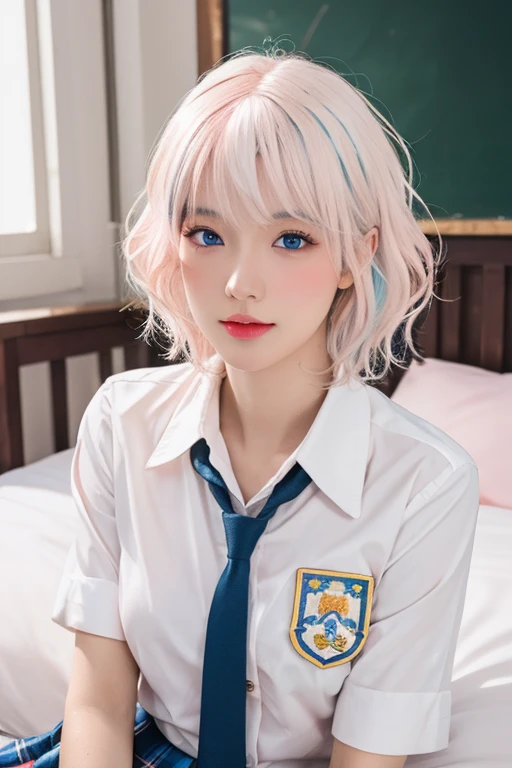 (masterpiece), (high quality), (8k resolution), (RAW photo), (best quality), (masterpiece:1.5), (realistic:1.5), ((photo realistic)), vibrant details, hyper realistic,1girl, (cute:1.2), beautiful, high-quality and detailed face, perfect face, (white hair And light pink hair:1.4), rosy cheeks, detailed eyes, (blue eyes),colorful eyes,(watery eyes),nsfw,, slender body, looking at viewer, closed mouth, real human skin, shiny skin, mid breasts, ((school uniform)), sitting, bed,