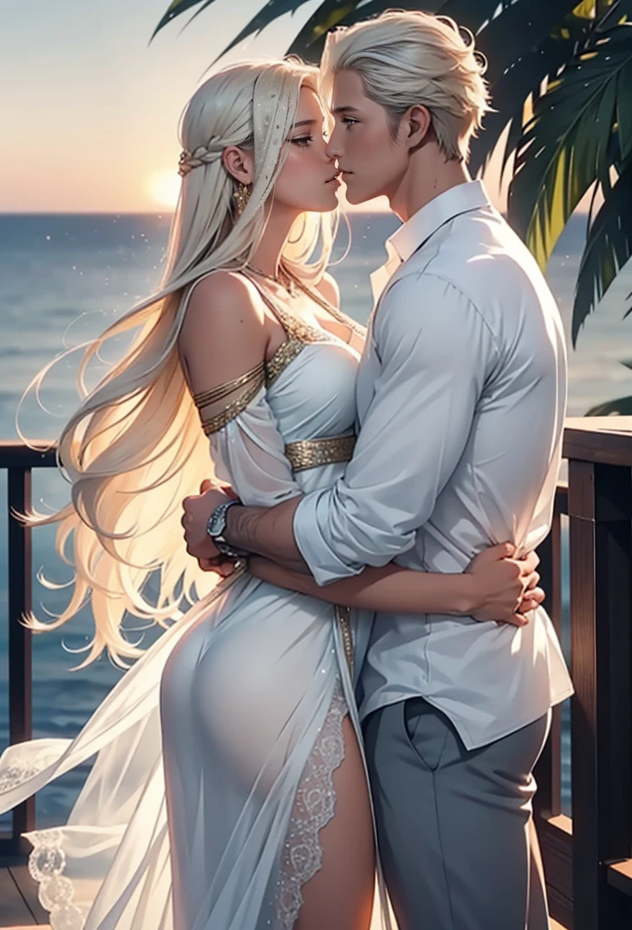 A warm summer evening, sunset, light breeze, a couple kissing and hugging on the deck of a luxury yacht: 1 woman (an incredibly beautiful young femme blonde with blue eyes and long golden hair reaching to the waist, she is wearing a beautiful shimmering silk dress with thin lace, romantic appearance) and 1 man (tall, a handsome, handsome, masculine, athletic young man is platinum blond, he has blue eyes, tanned skin, long straight platinum hair, he is dressed in a light shirt and trousers). The ocean breeze. Masterpiece, perfect image, realistic photos, full-length image, 8K, detailed image, extremely detailed illustration, a real masterpiece of the highest quality, with careful drawing. glow. In full growth. they are in love with each other.