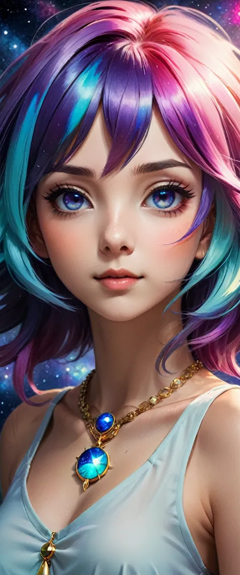Close-up portrait:Stunning anime girl with space colored hair and necklace (up_portraitClose price:1.3)Enchanting anime girl wit...