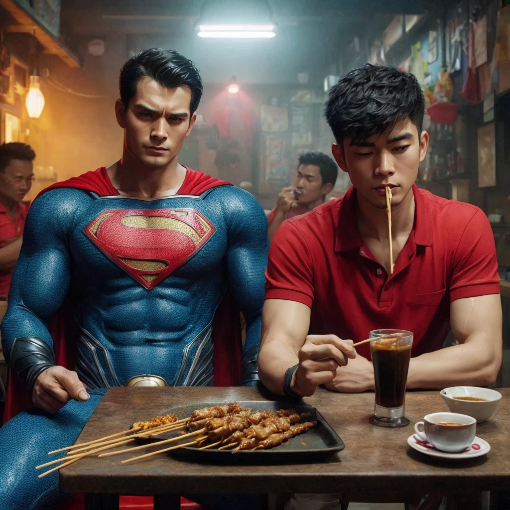 Crea una foto hiperrealista de Superman y dos hombres asiáticos con el pelo corto, cabello puntiagudo con una camisa polo roja sentado en sillas cerca de una mesa en un bar de mala muerte mientras come satay y bebe café negro ,4k,cinematográfico,HD, ultra realista